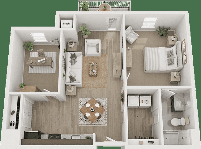 A detailed floor plan of a modern apartment showcasing an open living and dining area, two bedrooms, and a bathroom.