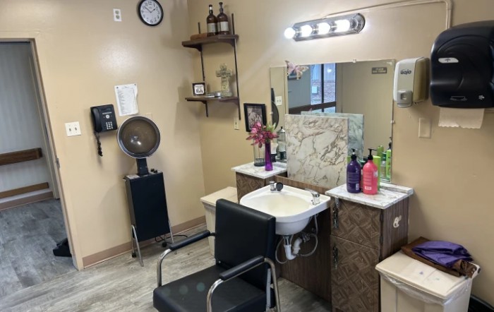 A cozy hair salon setup with a styling chair, mirror, and hairdryer.