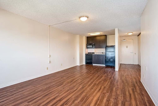 A spacious and modern apartment interior featuring wood flooring and an adjoining kitchen.