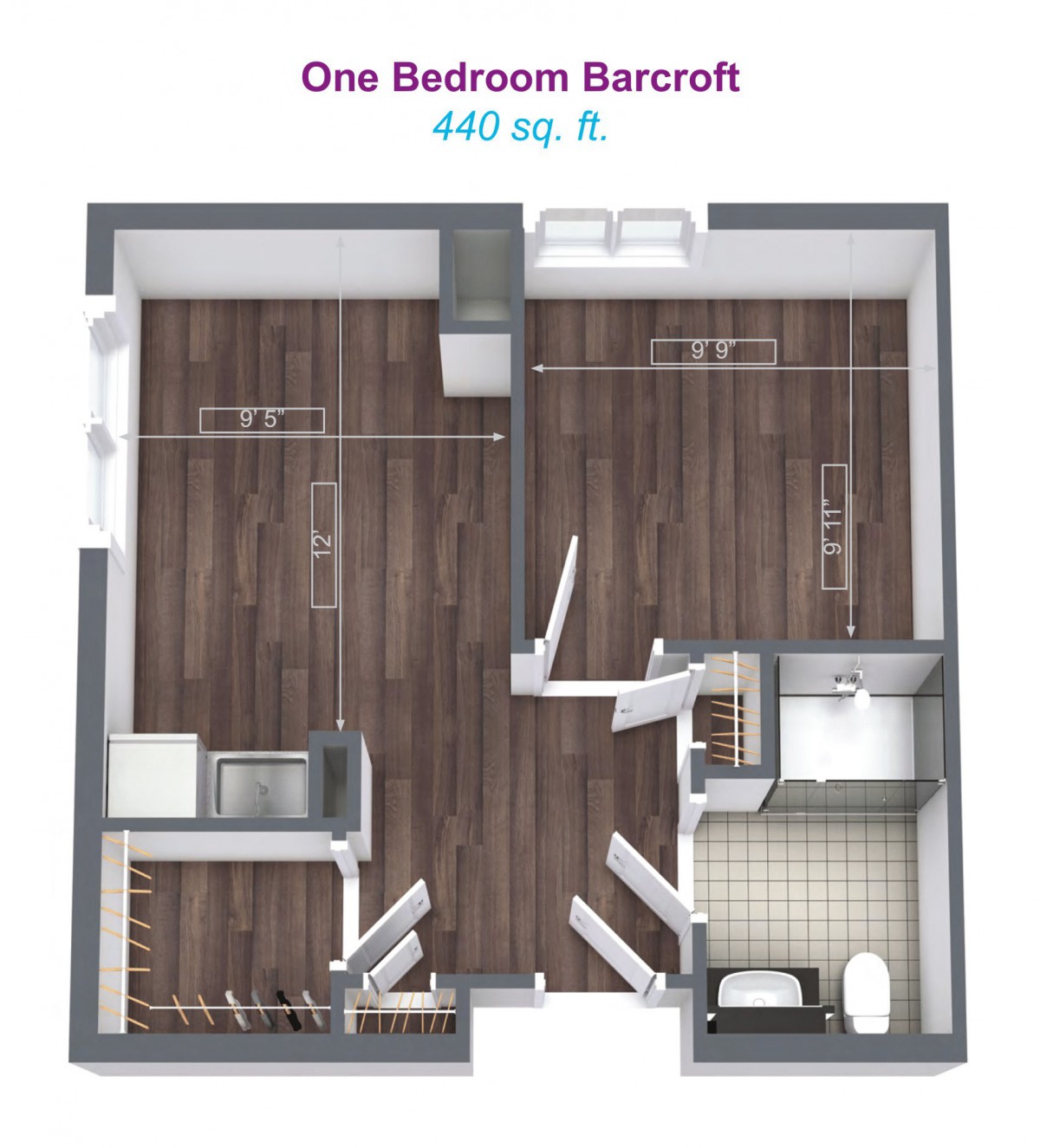 Floor plan of a one-bedroom apartment with a total area of 440 square feet.