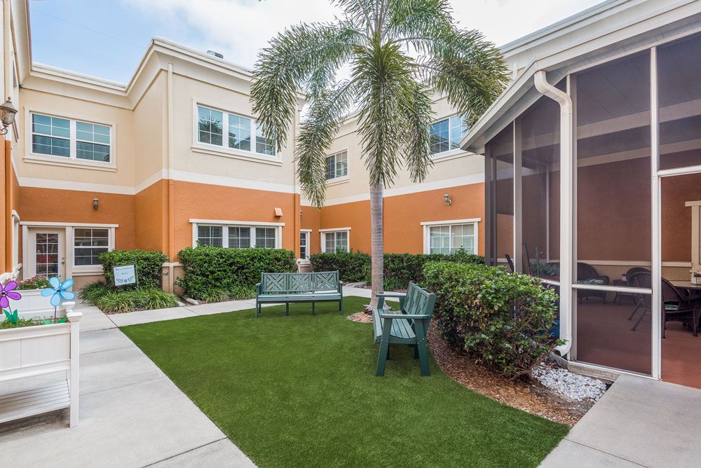 A peaceful courtyard with a palm tree and benches outside a residential building.