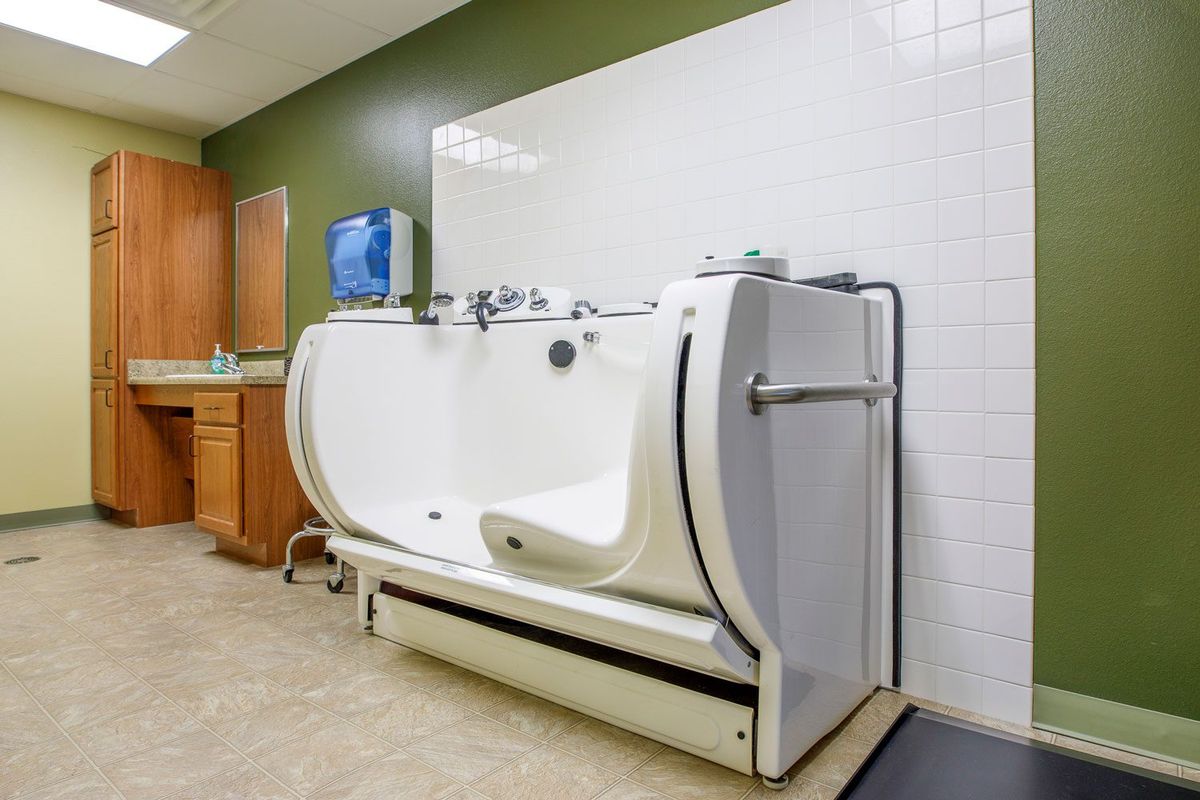 A walk-in bathtub designed for accessibility in a healthcare facility bathroom.