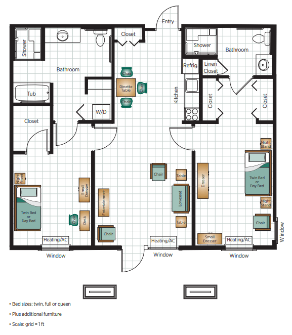 A floor plan of a two-bedroom, two-bathroom apartment featuring a living room and kitchen area.