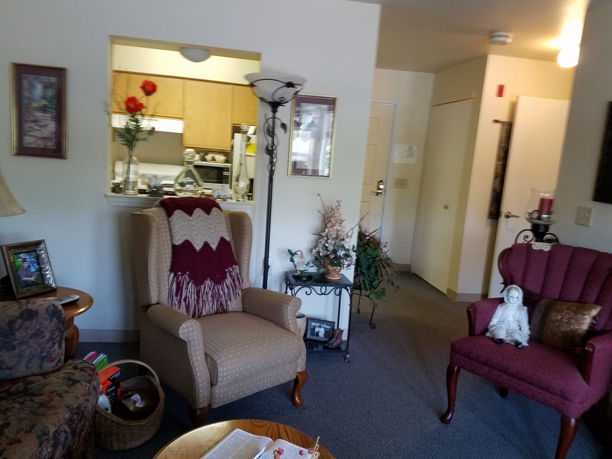 A cozy living room with a view into the kitchen, featuring comfortable seating and decorative touches.