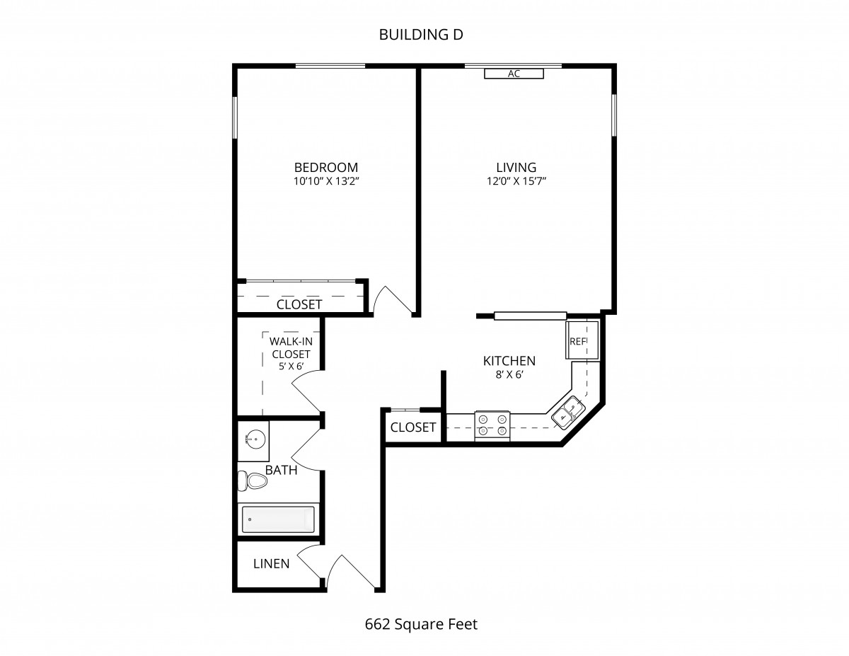 A one-bedroom apartment floor plan with specified room dimensions.