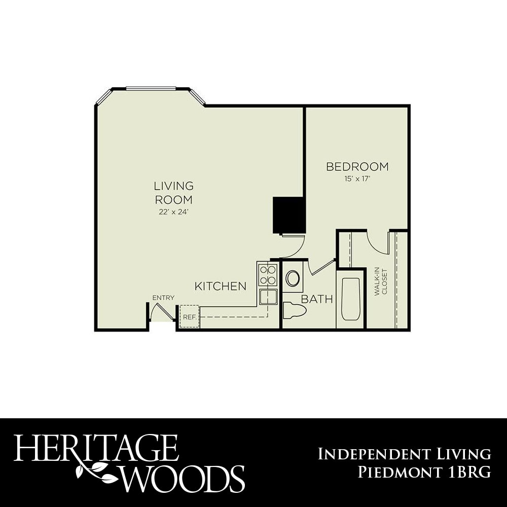 A floor plan of a one-bedroom apartment at Heritage Woods Independent Living.