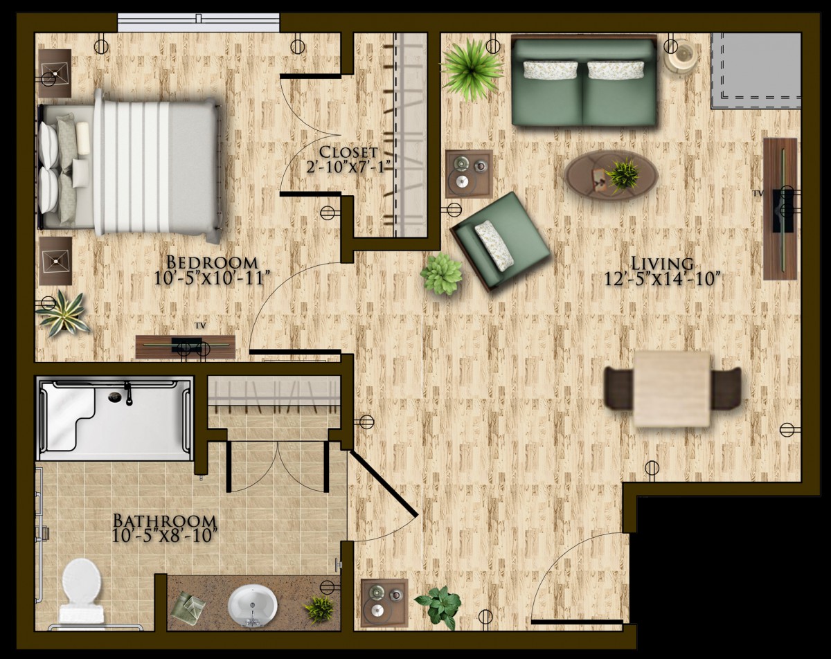 A floor plan of a one-bedroom apartment featuring a living room, kitchen, and bathroom.