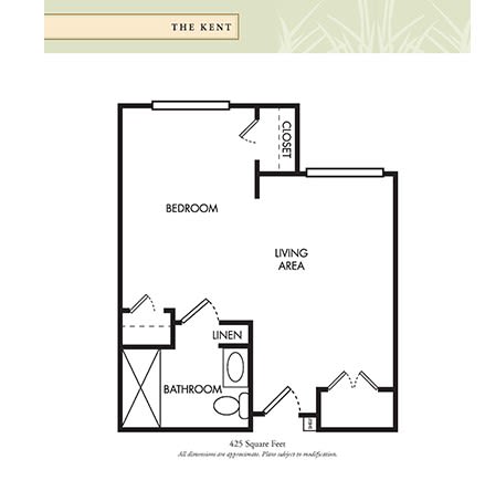 A floor plan of a one-bedroom apartment featuring a living area, kitchen, and bathroom.