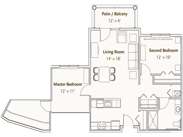 A floor plan of an apartment showing the layout of rooms including a master bedroom, second bedroom, living room, kitchen, and patio/balcony.
