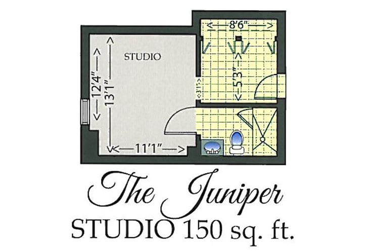 A floor plan of 'The Juniper' studio apartment, measuring 150 square feet.