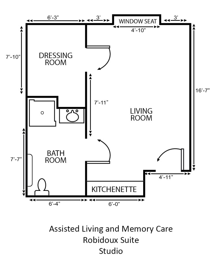 A floor plan for an assisted living and memory care unit featuring a living room, kitchenette, bathroom, and dressing room.
