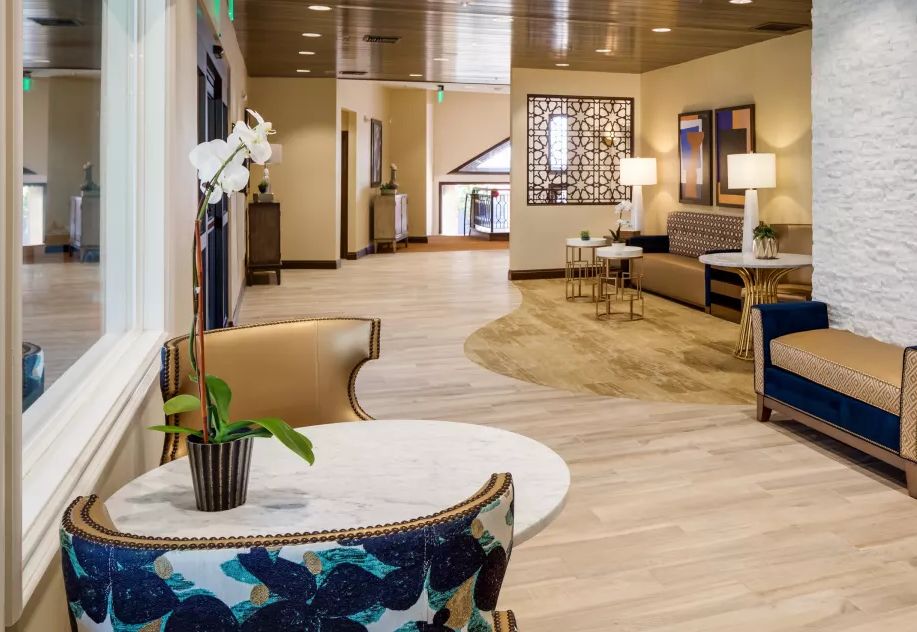 A modern hotel lobby with elegant seating and contemporary decor.