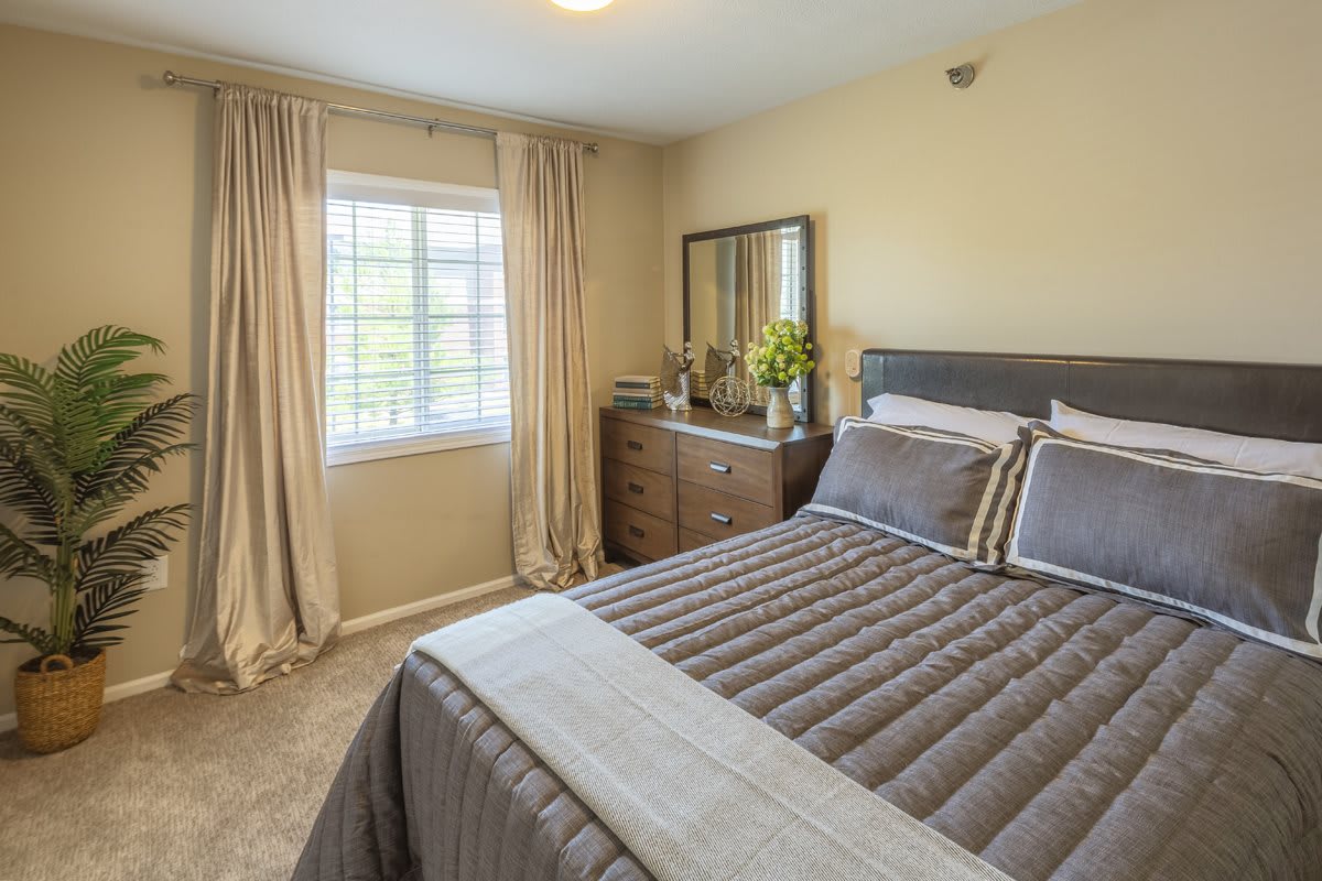 Cozy bedroom interior with a neatly made bed, a window with curtains, and a dresser.