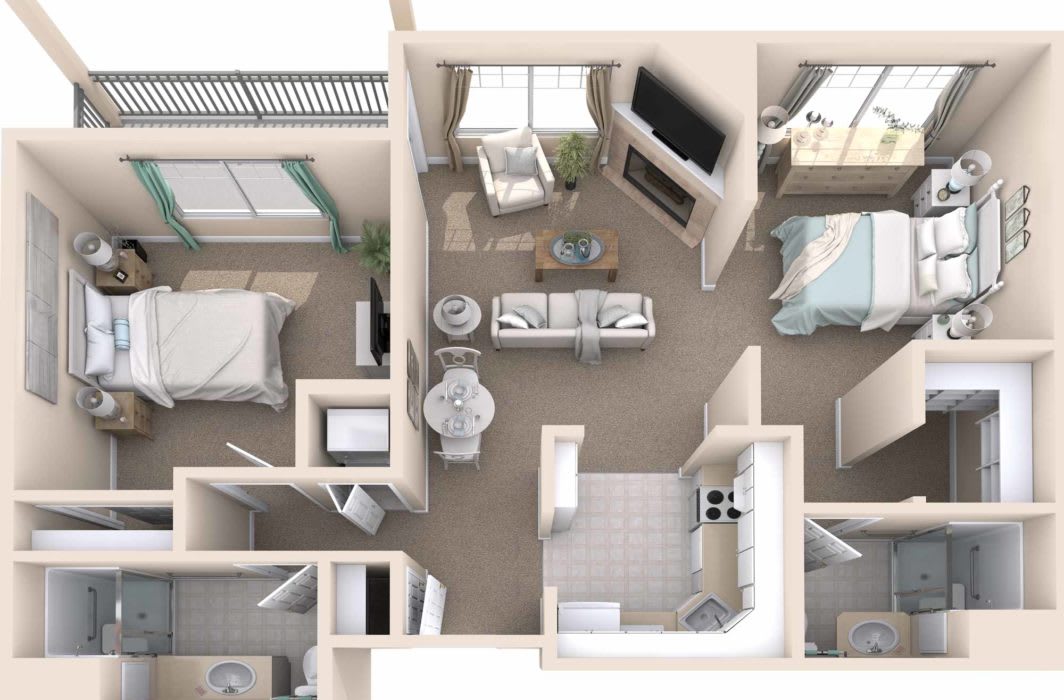 3D rendered floor plan of a two-bedroom apartment layout.