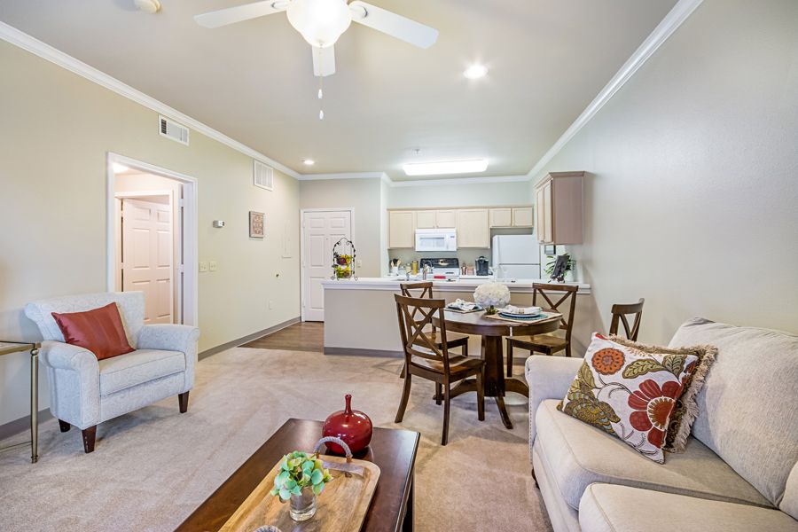 A cozy open-plan living space featuring a comfortable seating area, dining table, and a modern kitchen.