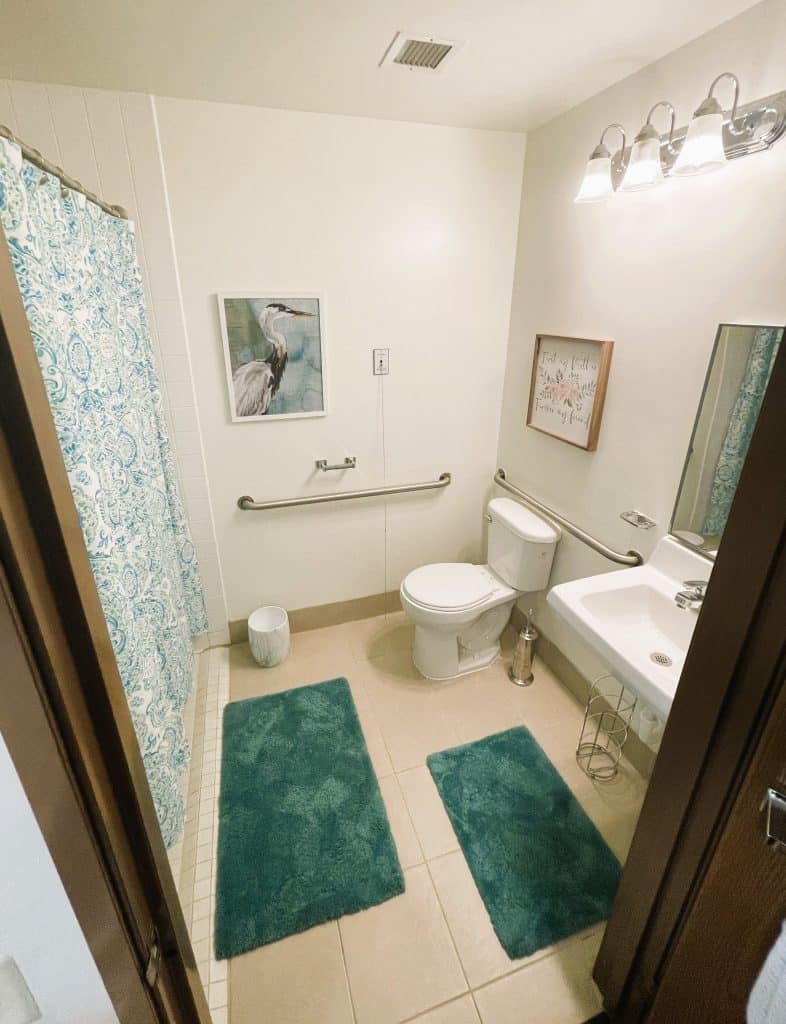 A well-lit bathroom with modern fixtures, featuring a shower curtain, wall art, and green rugs.