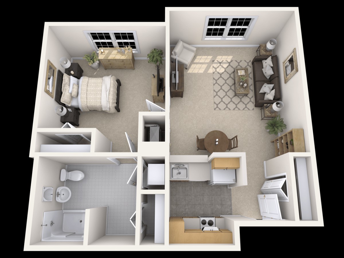 1-bedroom apartment floor plan with kitchen, living room, and bathroom.