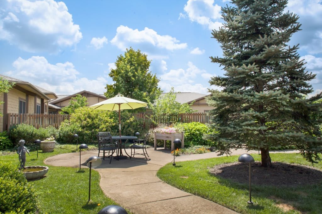 A tranquil backyard garden with a patio set under an umbrella, surrounded by lush greenery and a clear blue sky.
