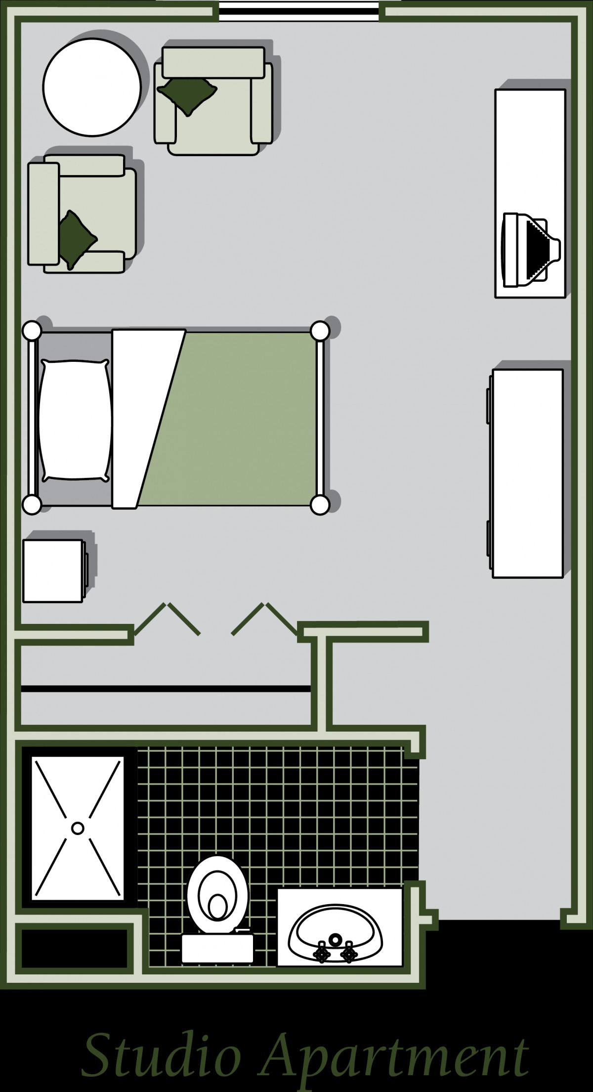 A simple bedroom floor plan showing the arrangement of furniture.