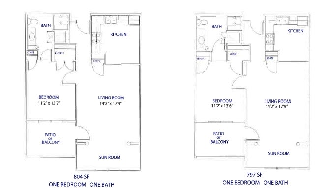 Comparison of two one-bedroom apartment floor plans with different layouts.