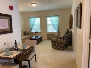 A cozy living room and dining area with comfortable seating, a coffee table, and a dining setup by the window.
