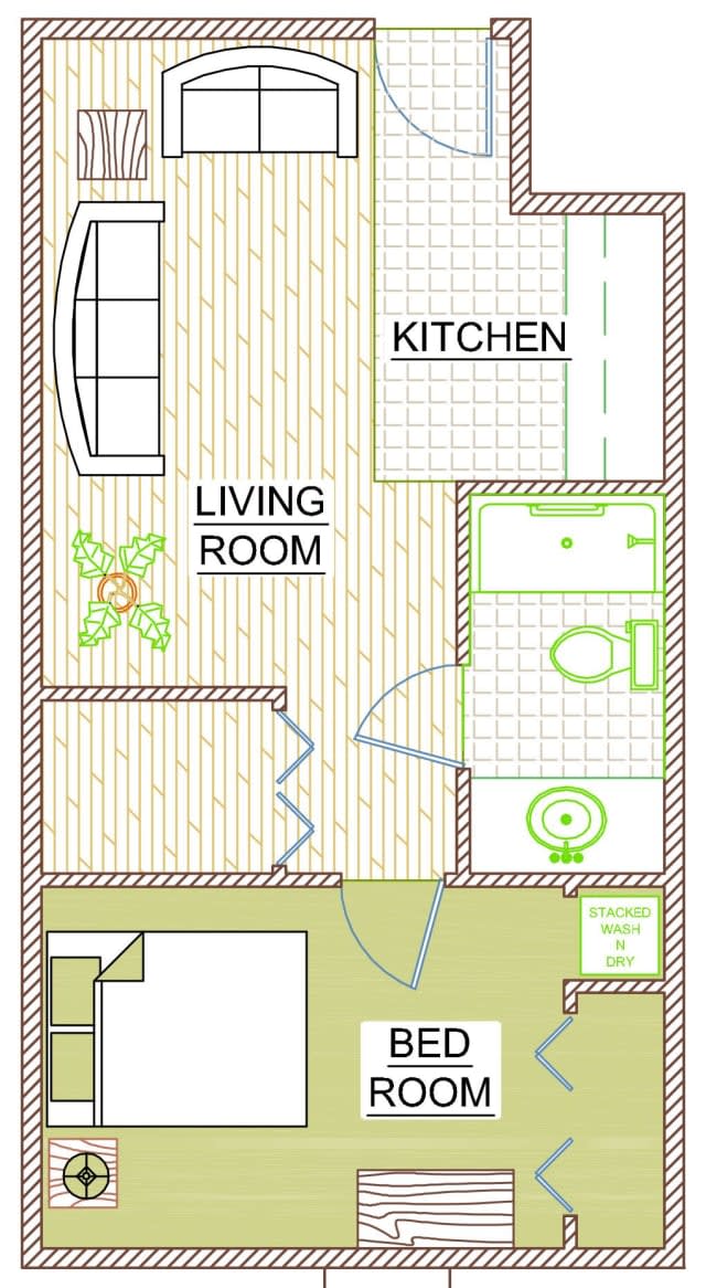 A simple floor plan layout showing a living room, kitchen, and bathroom.