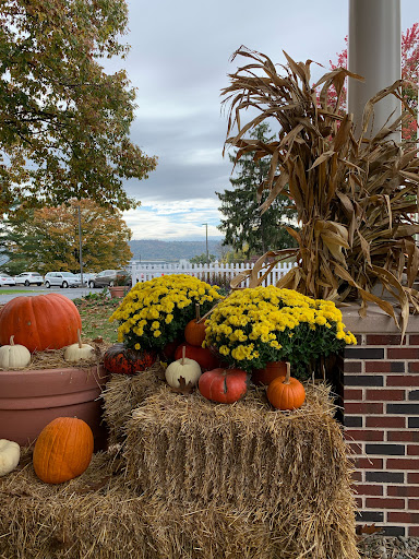 A picturesque autumn display featuring pumpkins, vibrant yellow mums, and rustic hay bales.