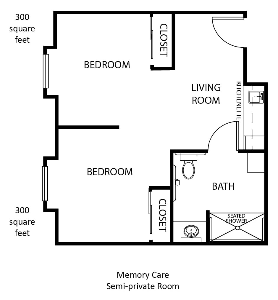 A floor plan showing a two-bedroom apartment with a living room, bathroom, and closets.