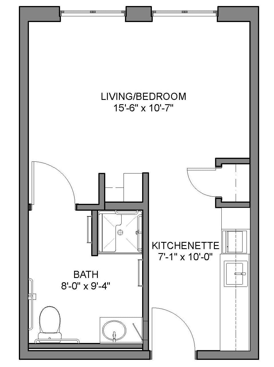 Studio apartment floor plan with kitchenette and bath.