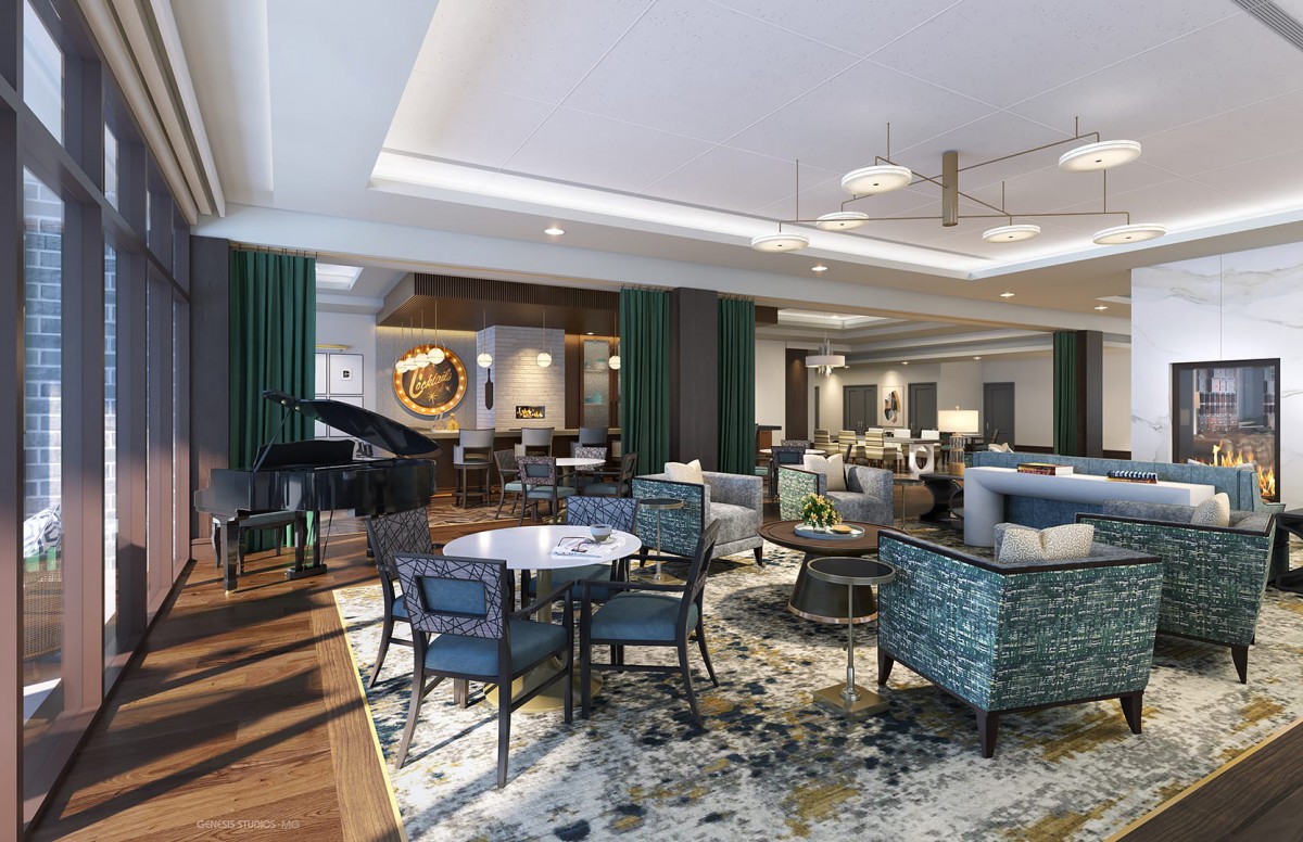 Modern lounge area with elegant furnishings and cozy seating.