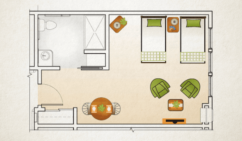A detailed floor plan illustrating the layout of a living space, featuring a bedroom with twin beds, a living area with seating, and a dining table.