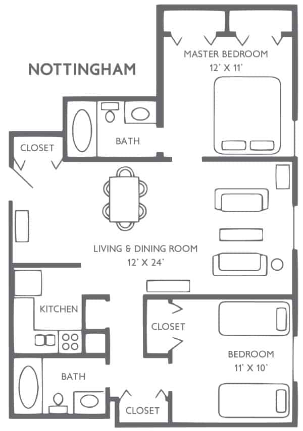 A floor plan of a two-bedroom apartment named 'Nottingham' with labeled areas including a kitchen, living/dining room, bathroom, and closets.