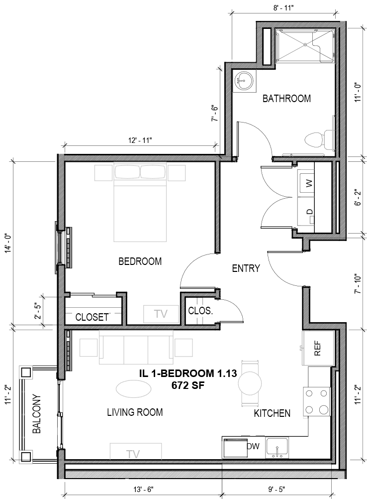 A detailed floor plan showing the layout of a living room, bedroom, and kitchen areas.