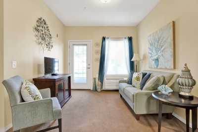 A cozy and bright living room with a sofa, television, and decor.