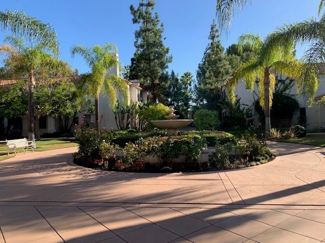 A beautifully landscaped garden with palm trees and a central fountain under a clear blue sky.