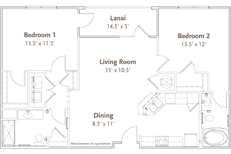 A detailed floor plan of an apartment showing the layout of rooms including the living room, dining area, kitchen, two bedrooms, and a lanai.