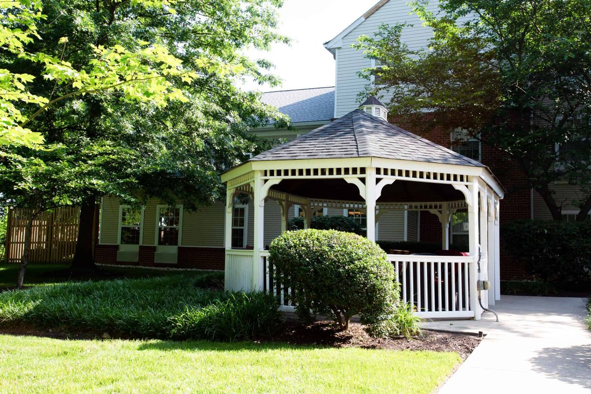 A charming white gazebo surrounded by lush greenery in a garden setting.