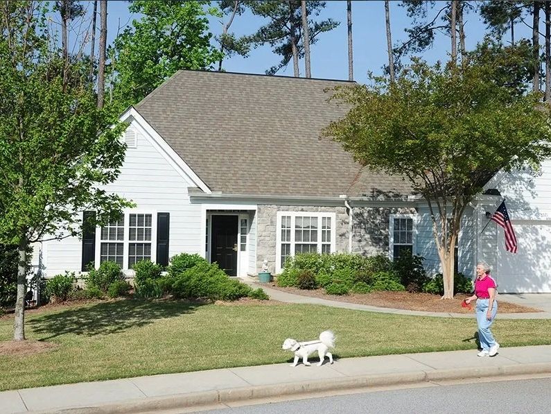 A suburban house with a well-kept lawn and a small dog walking nearby.