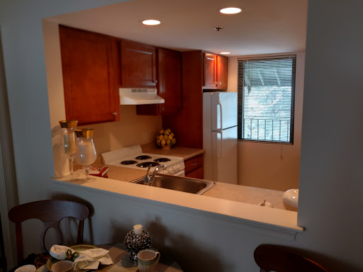 A cozy kitchen featuring wooden cabinets and modern appliances, with a bright window offering natural light.