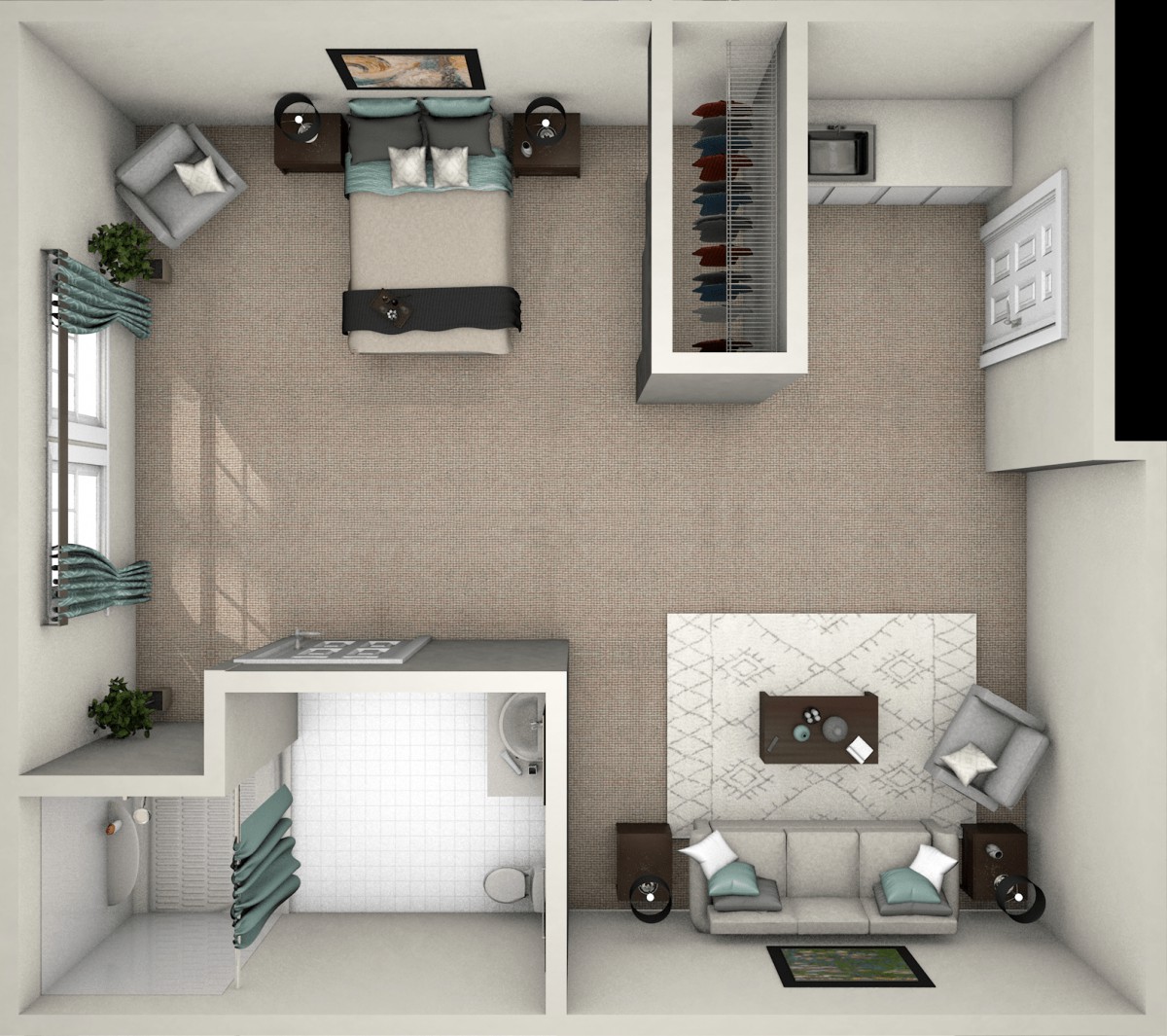 A 3D floor plan of a compact apartment showing a bedroom, living area, and closet.