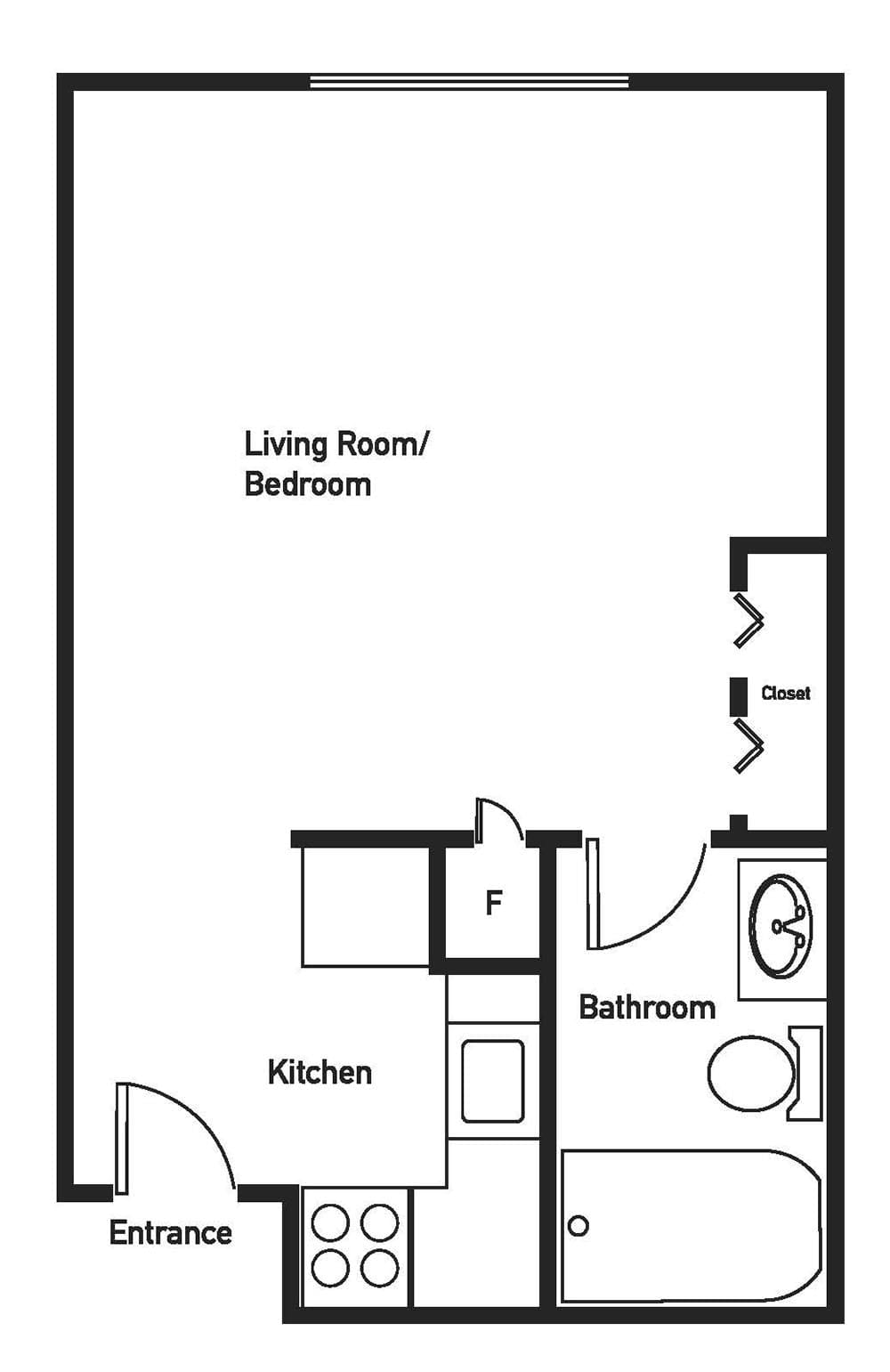 A floor plan of a studio apartment layout with designated areas for living, kitchen, and bathroom.