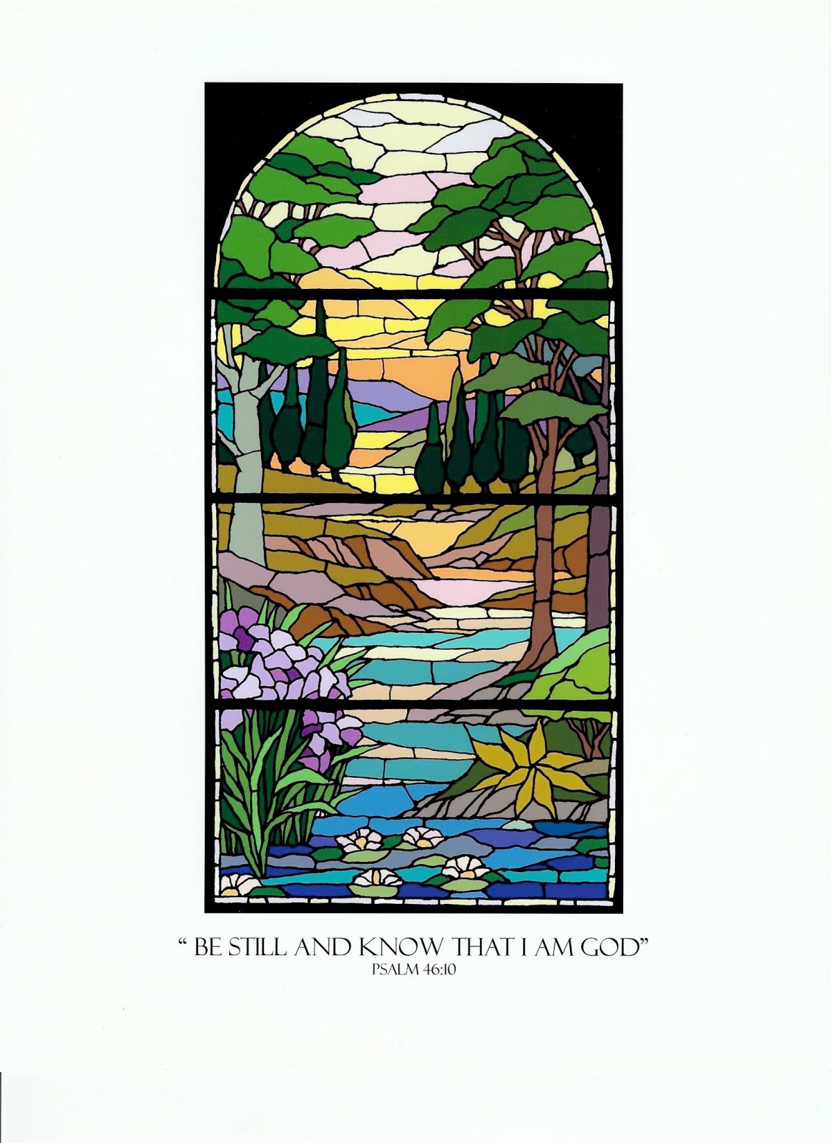A stained glass artwork depicting a serene landscape with trees, a river, flowers, and a sunset.