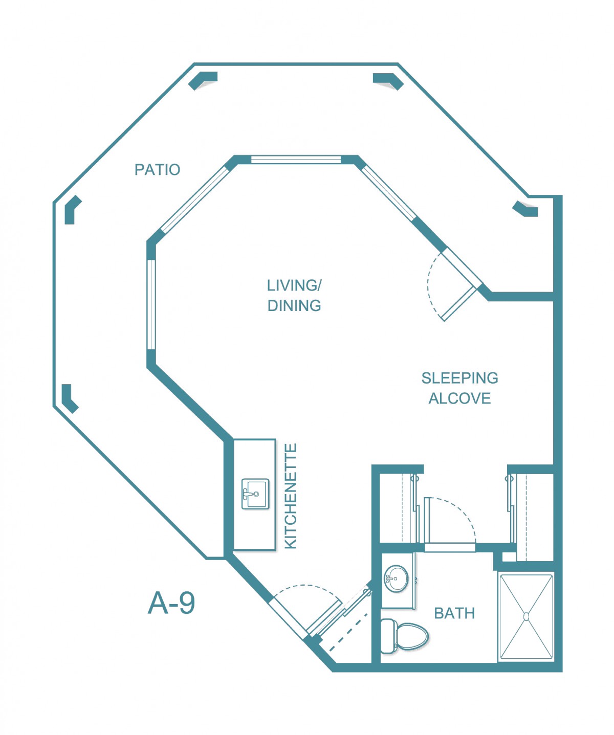 A studio apartment floor plan with a living/dining area, sleeping alcove, kitchenette, and bath.