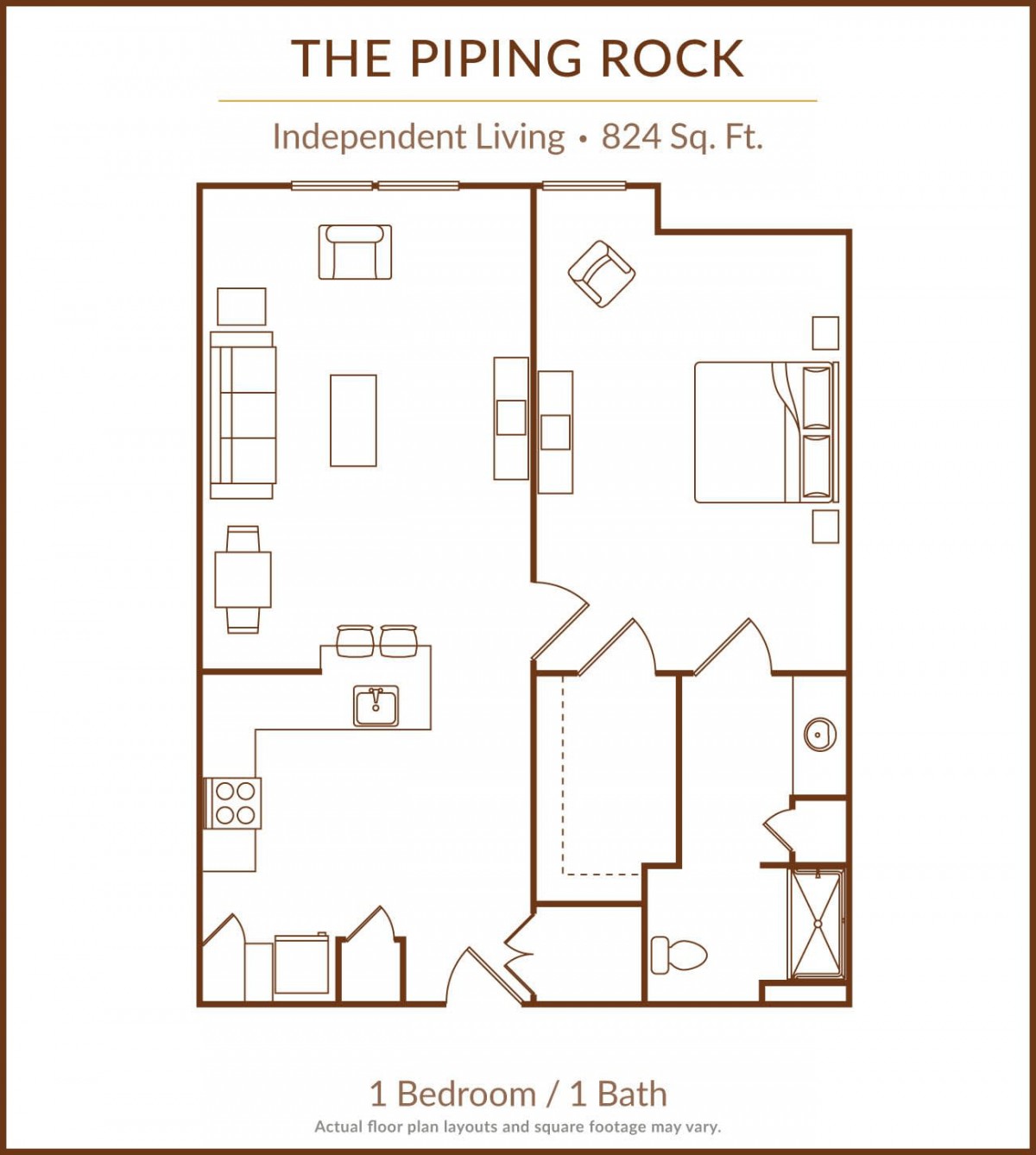 The floor plan of 'The Piping Rock' independent living space, measuring 606 sq. ft., featuring a one-bedroom layout.