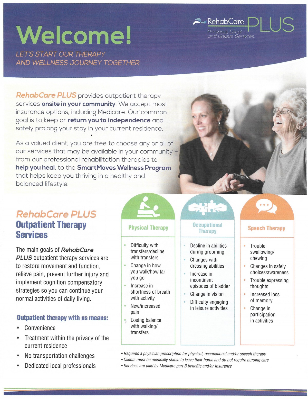 A brochure detailing healthcare rehabilitation services, including physical, occupational, and speech therapy for elderly care.
