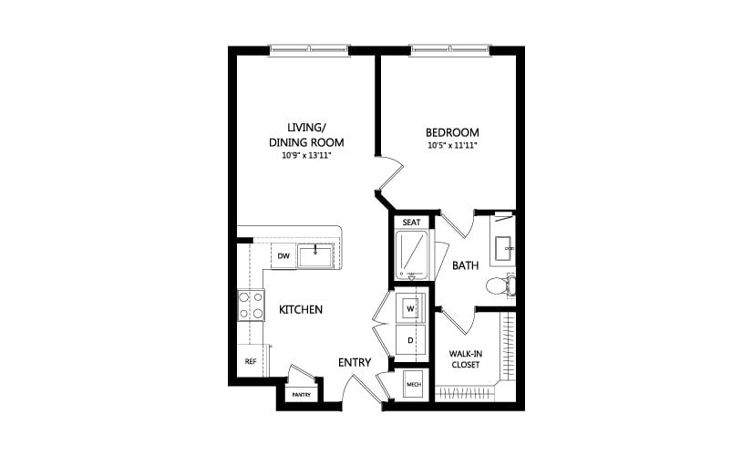A floor plan of a one-bedroom apartment featuring a living/dining room, kitchen, bathroom, and entry area.