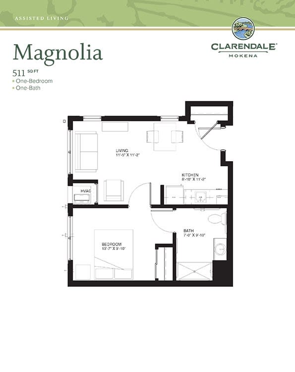Magnolia apartment floor plan featuring one bedroom and one bath.