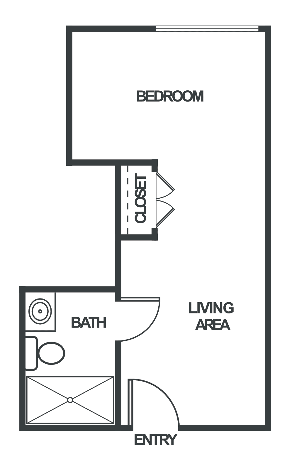 Studio apartment floor plan with bedroom, bathroom, and living area.