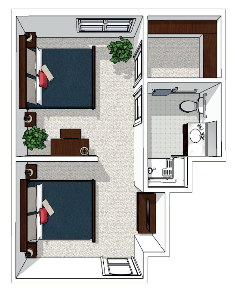 A floor plan depicting an apartment layout with two bedrooms, a bathroom, and furniture arrangement.