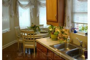 A cozy kitchen with a dining area featuring a table and chairs, cabinets, indoor plants, and a sink.